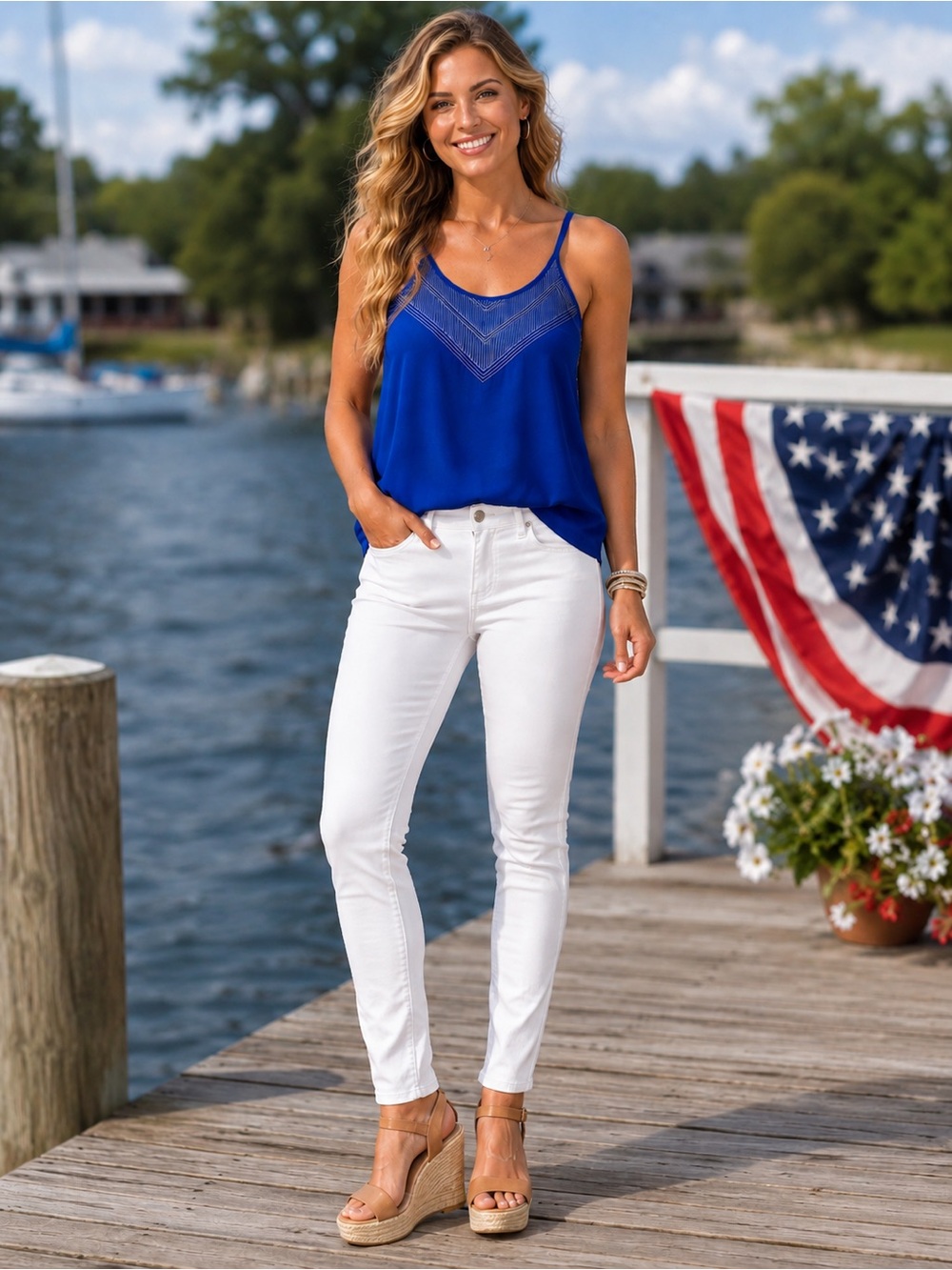 Studio Y Royal Blue Embroidered Tank Top Size Small Boho Flowy Summer Cami